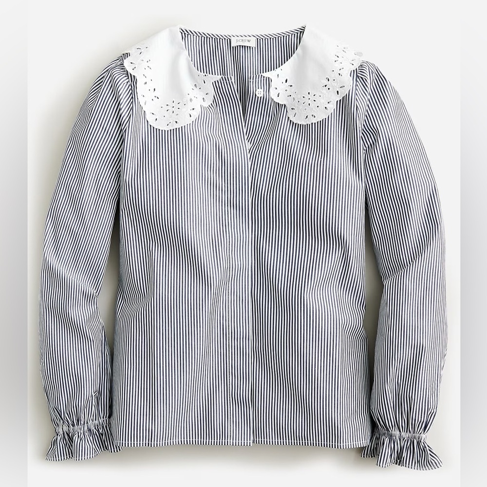 J Crew Lace-collar cotton poplin‎ top in stripe button front long sleeve